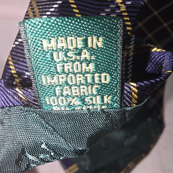 LAUREN RALPH LAUREN HAND FINISHED IMPORTED SILK TIE BLUE WITH GOLD PLAID EUC - Picture 6 of 7